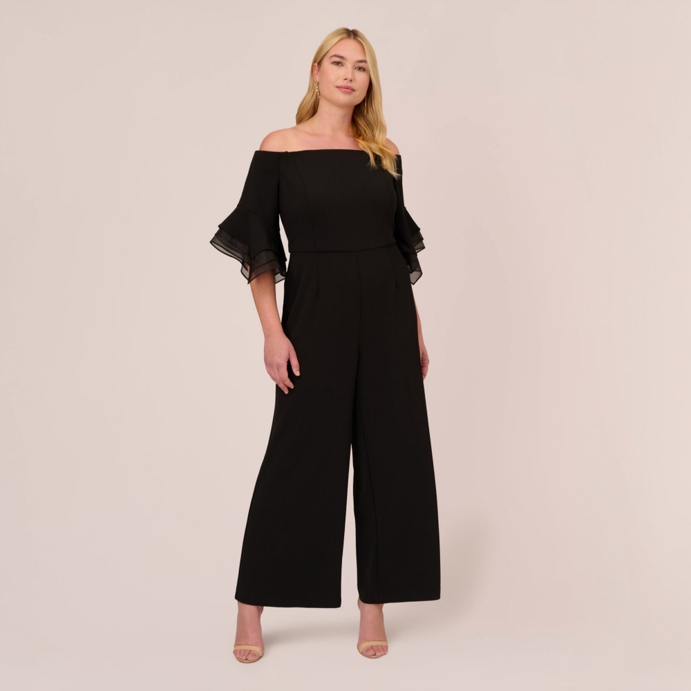 Adrianna Papell Plus Size Off The Shoulder Crepe Jumpsuit Organza Sleeves 22W - Picture 2 of 6